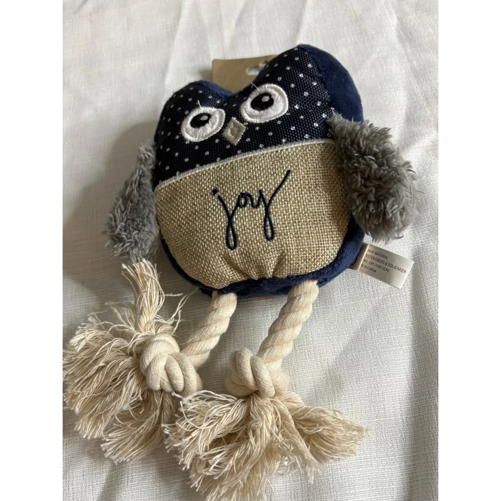 ED Ellen DeGeneres Owl Plush Squeaky Rope Dog Toy Joy Navy Burlap ETY-0025